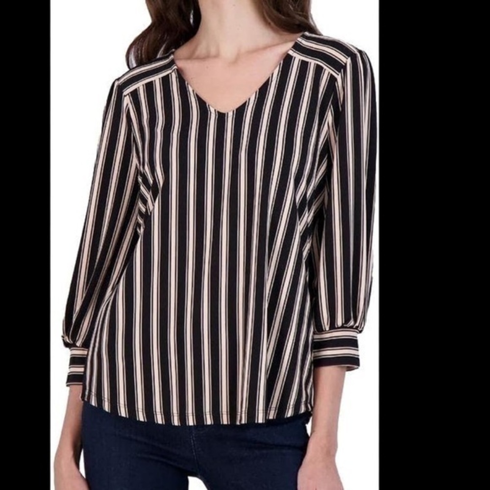 Adrianna Papell Black Striped V-Neck Knit Blouse Versatile Workwear Chic M